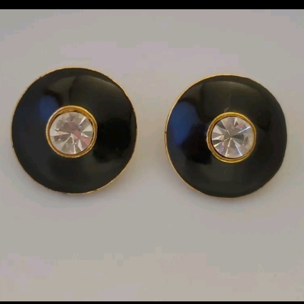 Ellen Designs Gold Plated Black Enamel Rhinestone clip on earrings 1980's